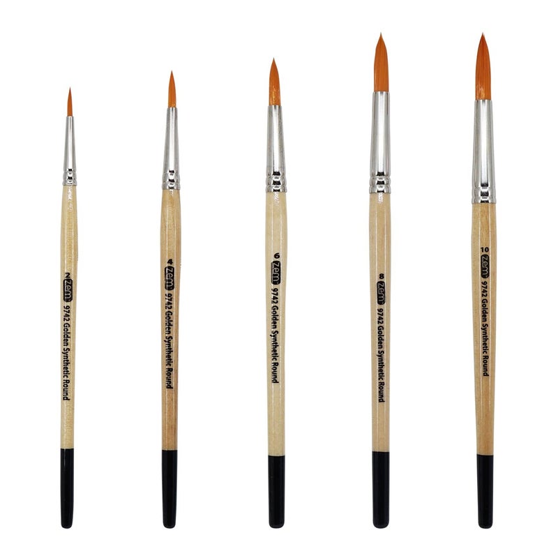 ZEM Brush Golden Synthetic Round Brushes Set Sizes 2,4,6,8,10 - Image 1